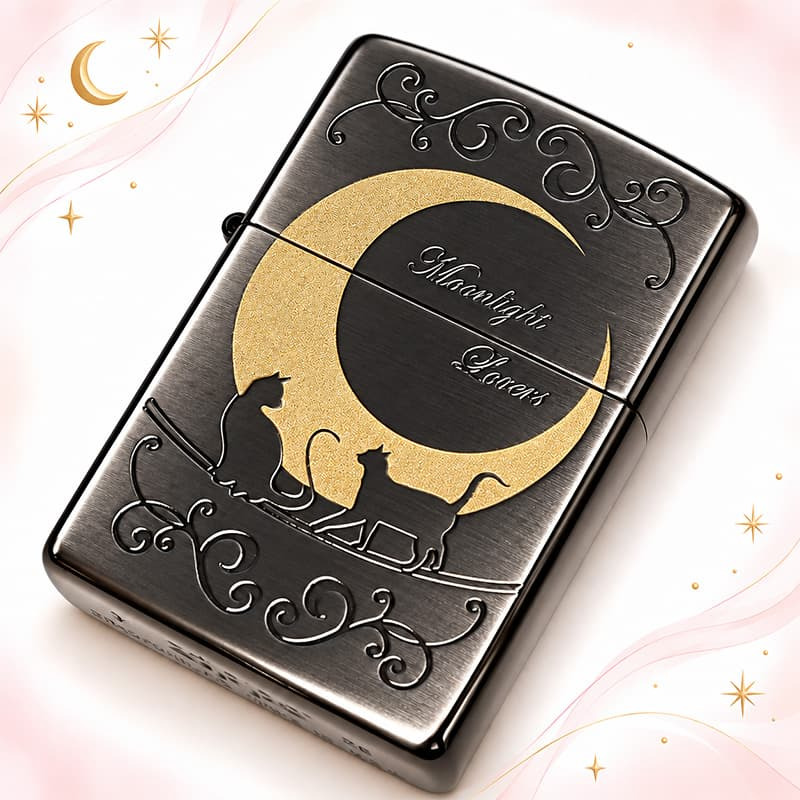 ZIPPO ライター ジッポ ネコ 猫 キャット ムーン 可愛い 三日月 ブラックニッケルサテン ムーンライトラヴァーズ ねこ 動画有り メンズ ギフト レディース プレゼント