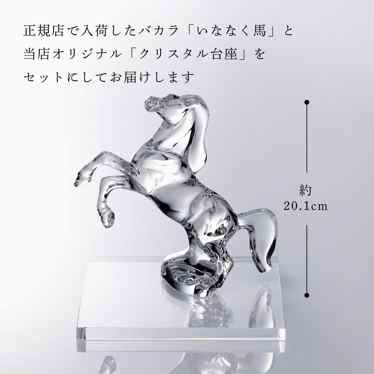 Baccarat バカラ いななく馬 20.1cm・当店オリジナル クリスタルガラス台座 20×20cm セット 名入れ彫刻代込み 名入れ 名前入り 彫刻 刻印 ギフト 記念品 誕生日 受賞 祝い 法人 開店 周年 高級 ブランド 置物 オーナメント 2026 午 クリスタル