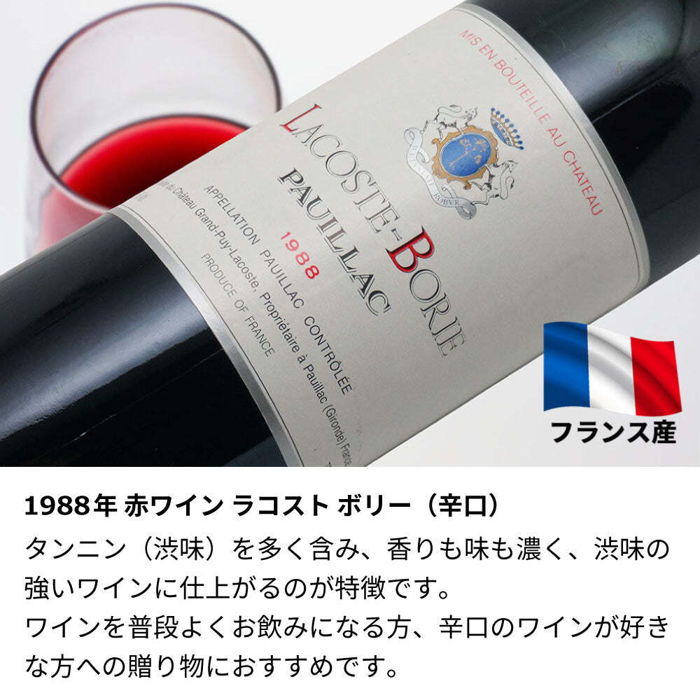1988年 名前入り彫刻 生まれ年 赤ワイン ラコスト ボリー 辛口 昭和63年 名入れ 誕生日プレゼント ワインセット 木箱入【送料無料】