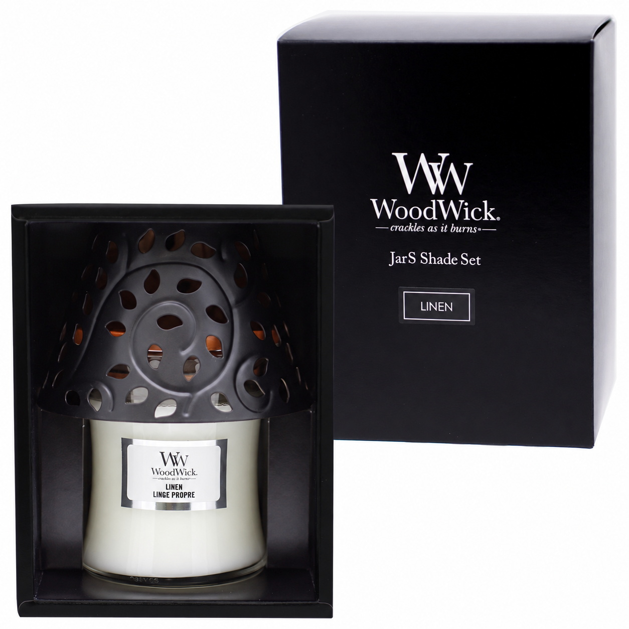 アロマキャンドル ギフト WoodWick ウッドウィック ジャーS 復刻 シェードセット 木製芯の焚き火キャンドル パチパチ音 ホワイトティー＆ジャスミン リネン 化粧箱入り ラッピング無料 メッセージカード無料 クリスマス 誕生日 お礼 プレゼント Sakuya