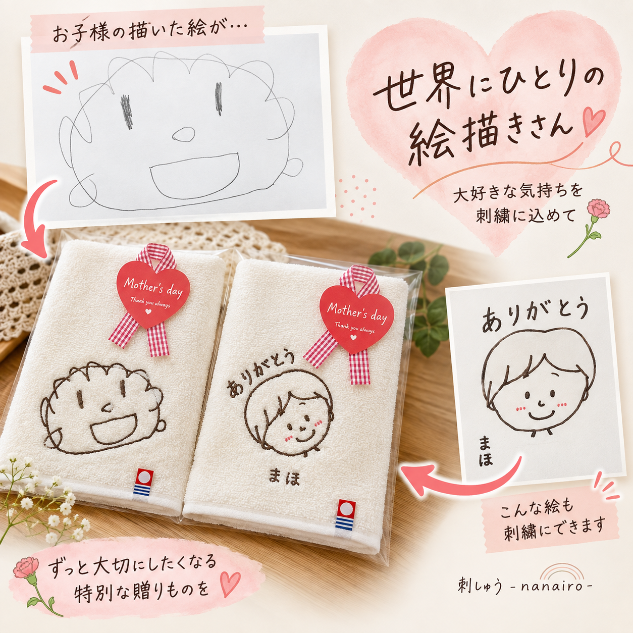 カラー対応 名入れ ハンカチ  刺繍タオル 手描き絵入り プレゼント オリジナル ギフト オーダーメイド 子供の絵
