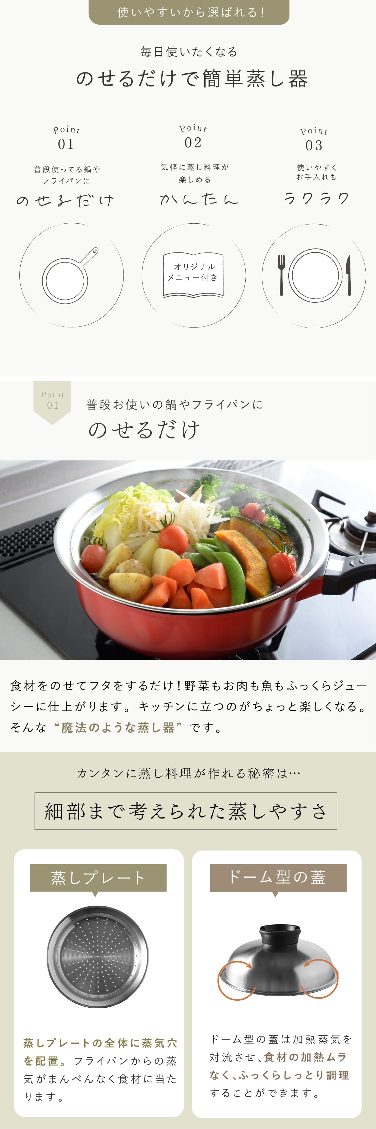 蒸し器 のせるだけで簡単蒸し器 24～26cm 燕三条 日本製 ステンレス 蒸しプレート 蒸しざる フライパン用蒸し器 鍋用蒸し器 フライパンにのせるだけ 蒸し料理 温野菜 蒸し野菜 蒸し鶏 蒸し魚 しゅうまい ヘルシー調理 3～4人 家族 ファミリー まとめ調理 受け皿 2WAY 食洗機対応 レシピ付き キッチン用品 調理器具 新生活 結婚祝い プレゼント ギフト