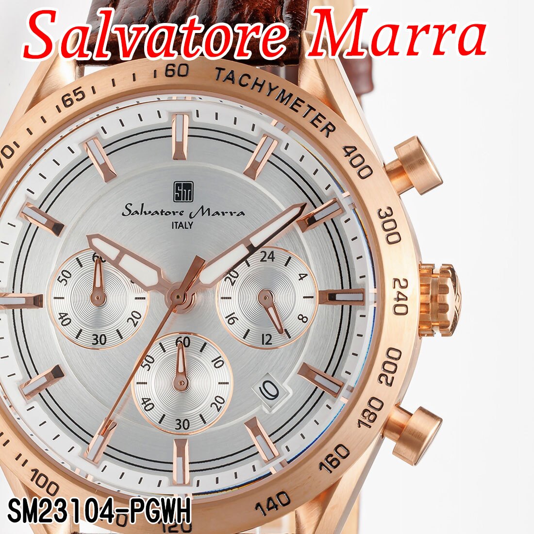 【送料無料】（お取り寄せ）腕時計 メンズ Salvatore Marra サルバトーレマーラ クロノグラフ 10気圧防水 レザーベルト SM23104-PGWH 本革レザー 高級感 ブランド 人気 シンプル ウォッチ カジュアル フォーマル 誕生日[SM23104-PGWH]