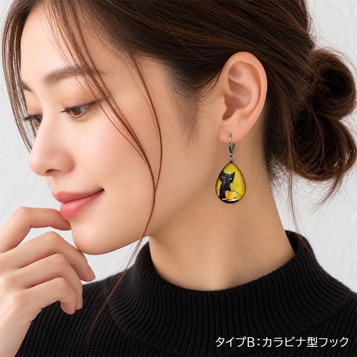 ピアス 猫 黒猫 大ぶり 揺れる フック ステンレス 金属アレルギー対応 しずく カラビナ型 選べる レディース 片耳 1個売り