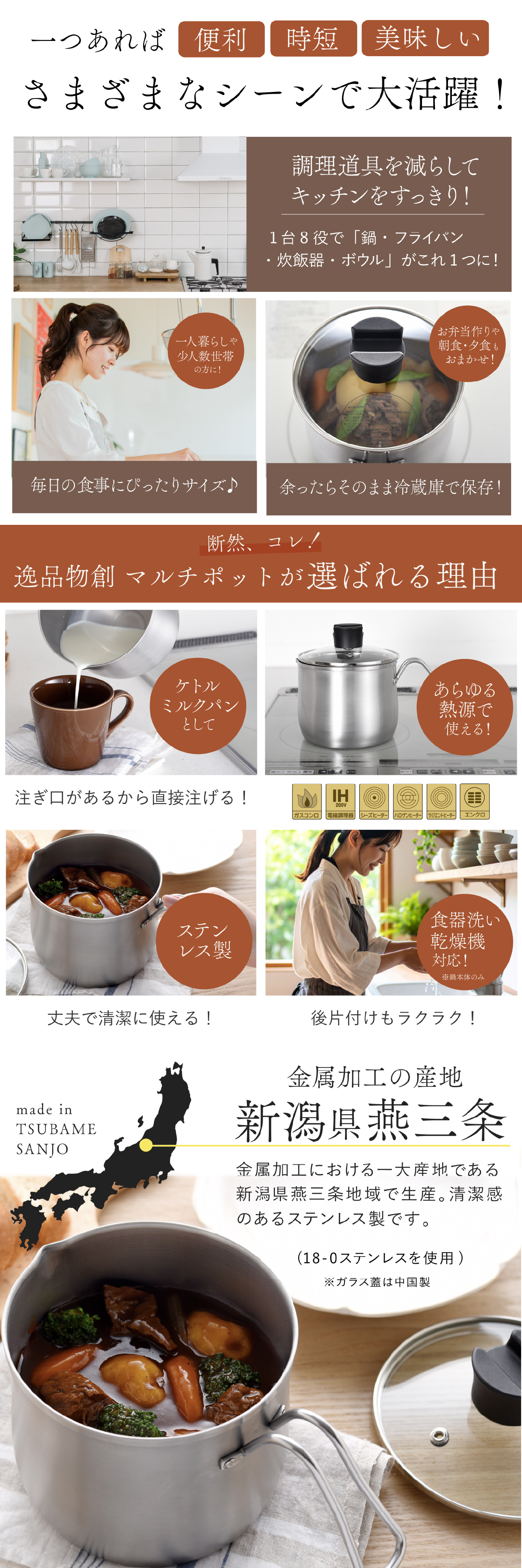 マルチポット 18cm ストレーナー付き 逸品物創 ステンレス 燕三条 日本製 2.9L 1台9役 片手鍋 湯切り 蒸し料理 揚げ物 茹でる 炊く 保存 IH対応 ガス対応 食洗機対応 ガラス蓋 多用途鍋 作り置き 新生活 結婚祝い 敬老の日 ギフト