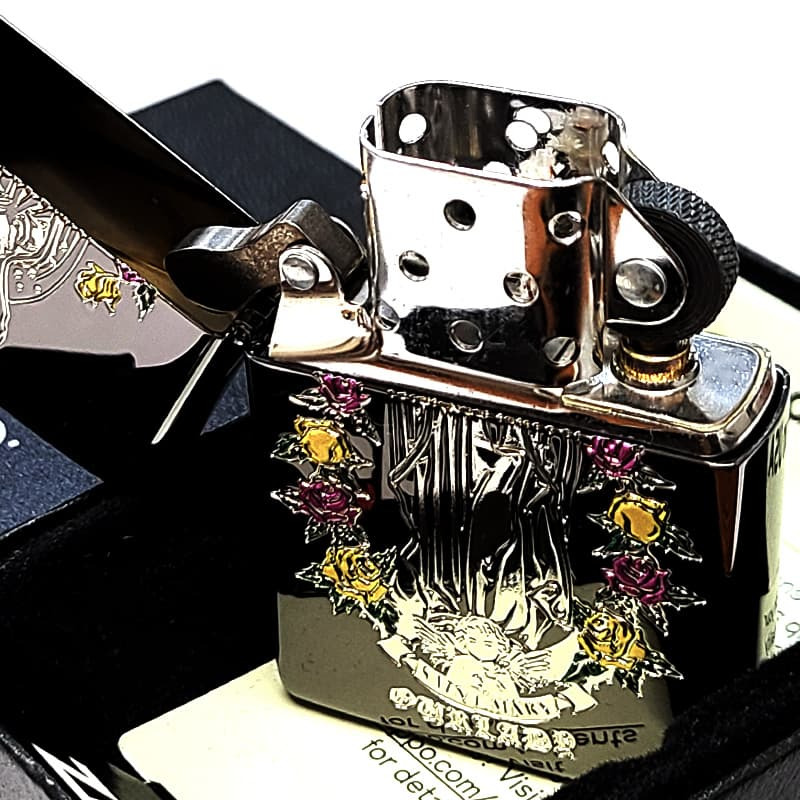 ZIPPO マリア＆ローズ ブラックニッケル パープル イエロー ジッポ ライター 黒 エッチング彫刻 薔薇 おしゃれ Ave Maria 紫 黄 ギフト プレゼント メンズ レディース