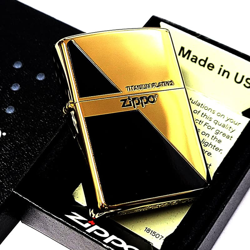 ZIPPO ライター 金チタン ジッポ ロゴ ブラック&ゴールド かっこいい 黒金 チタンコーティング 彫刻 おしゃれ 高級 メンズ ギフト プレゼント