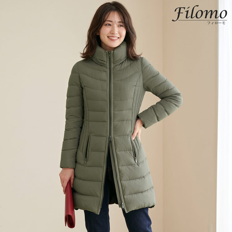 ダウンコート レディース 軽量 4WAY ストレッチ生地 ダウン90% Filomo スタンドカラー カーキグレー 9号/11号 秋冬 暖かい 50代 40代 30代 ギフト プレゼント 7F (08000154r)