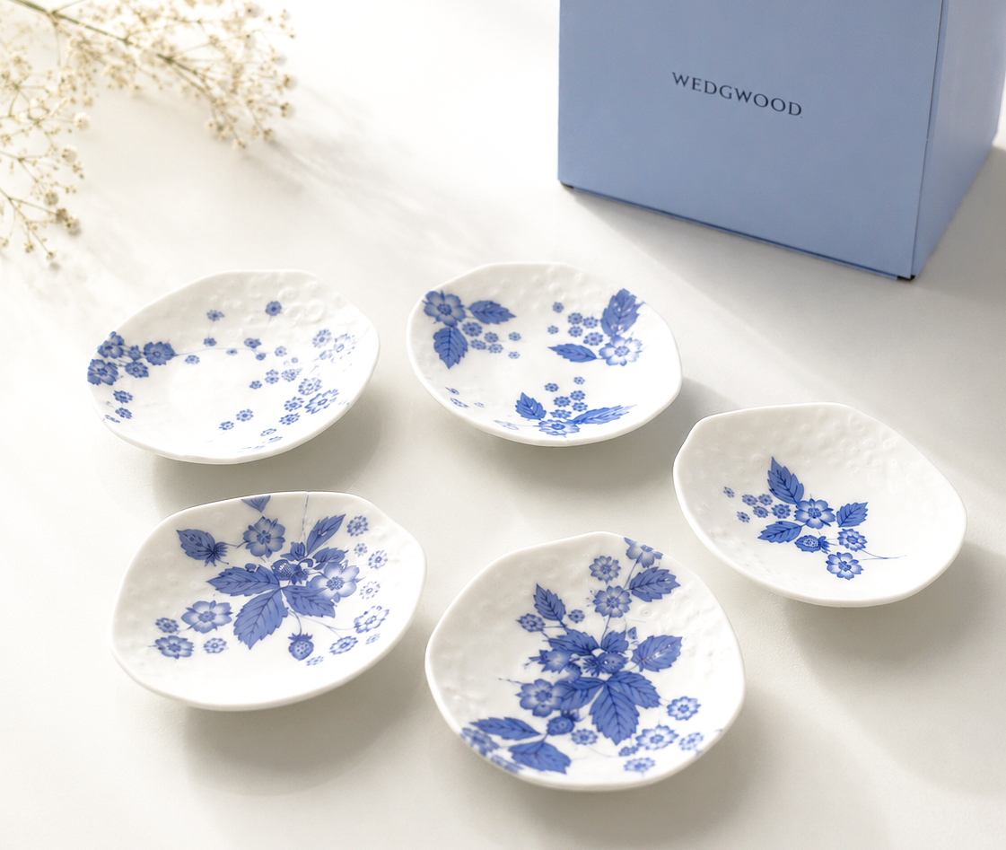 ウェッジウッド　ストロベリー ブルーム インディゴ ソイディッシュ 5枚セット　ブランドBOX付き【結婚祝】【出産祝】【退職祝】【引越祝】【還暦祝】【記念品】