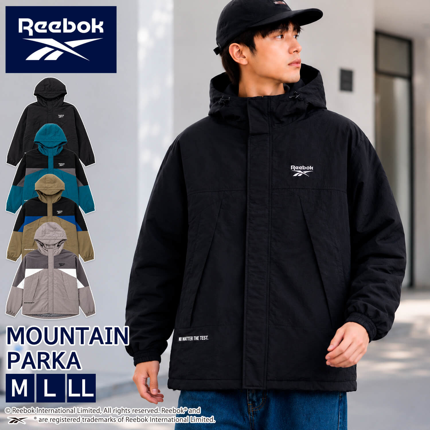 【予約】Reebok リーボック マウンテンパーカー メンズ 長袖 アウター ブルゾン スタンド フルジップ フーディ 中綿 キルト 軽量 防風 あたたかい ロゴ 刺繍  ブランド 大きいサイズ ゆったり ユニセックス 春 秋 冬 M L LL 黒 紺 2026fw karlas