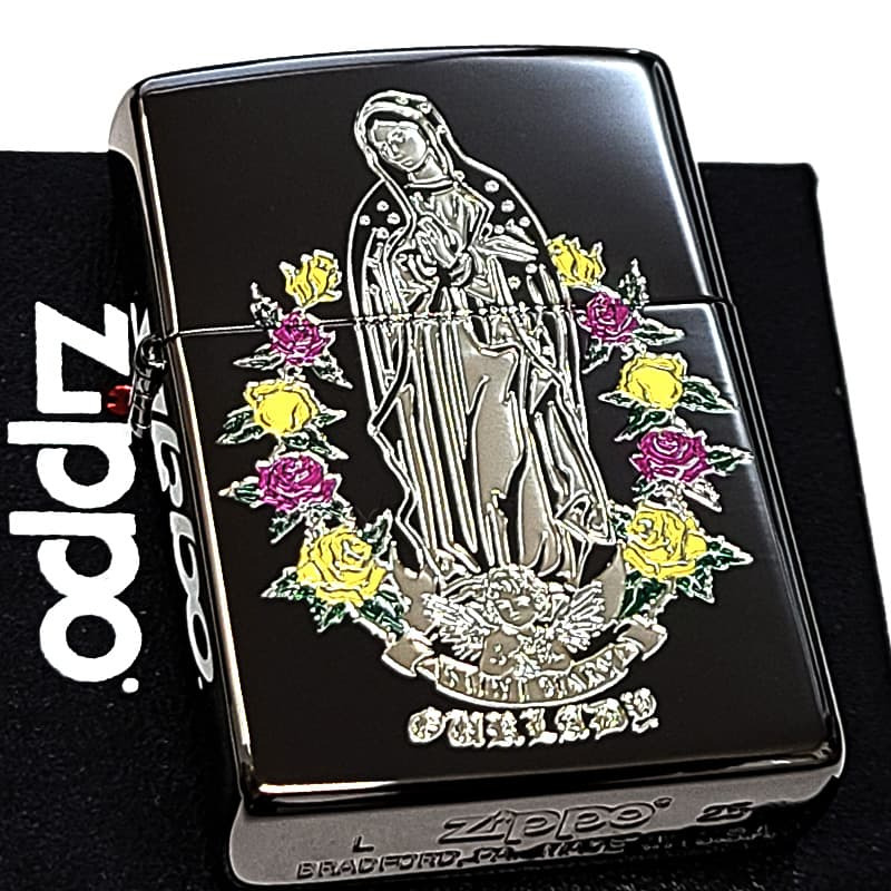 ZIPPO マリア＆ローズ ブラックニッケル パープル イエロー ジッポ ライター 黒 エッチング彫刻 薔薇 おしゃれ Ave Maria 紫 黄 ギフト プレゼント メンズ レディース
