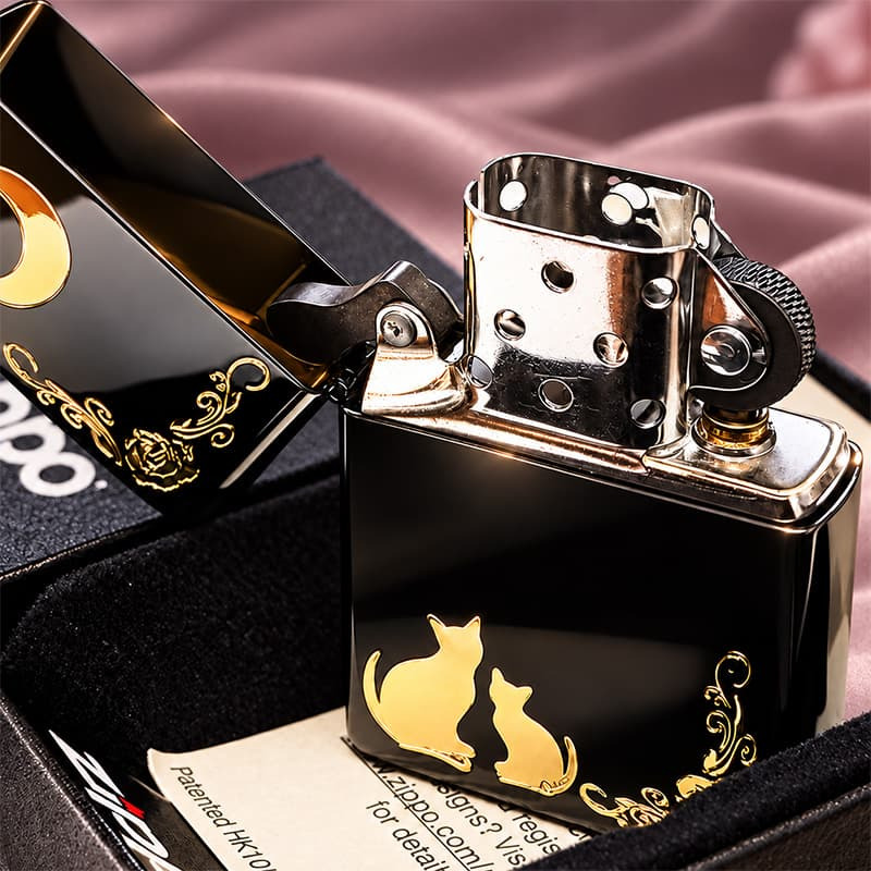 ZIPPO ライター ネコ ブラック ゴールド ジッポ 猫 可愛い 黒金 月 薔薇 女性 レディース ねこ かわいい おしゃれ バラ ギフト プレゼント