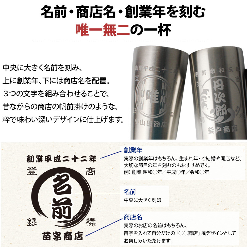 名入れ タンブラー ジョッキ 帆前掛け風 和柄 名前入り 創業年 商店名 彫刻 選べる15デザイン ステンレス 保温 保冷 真空断熱 オリジナル プレゼント ギフト 父の日 誕生日 敬老の日 退職祝い 還暦祝い