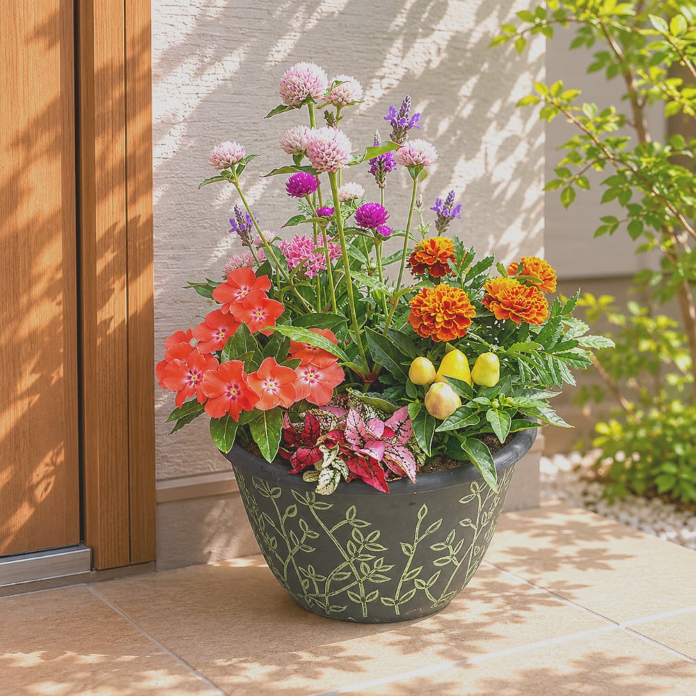 季節の寄せ植え リーフ柄  軽量プラスチック鉢 内径24cm （グリーン ・4色展開）６～7種類のお花で構成 ラッピング不可 ギフトメッセージOK