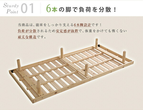 ベッド 寝具 すのこ 耐荷重200kg ひのき 檜 天然木 シングル 脚付き 高さ調節 無垢材 抗菌 防虫 ロー フロア 頑丈 組み立て簡単 低ホルム 角丸 代引不可 送料無料