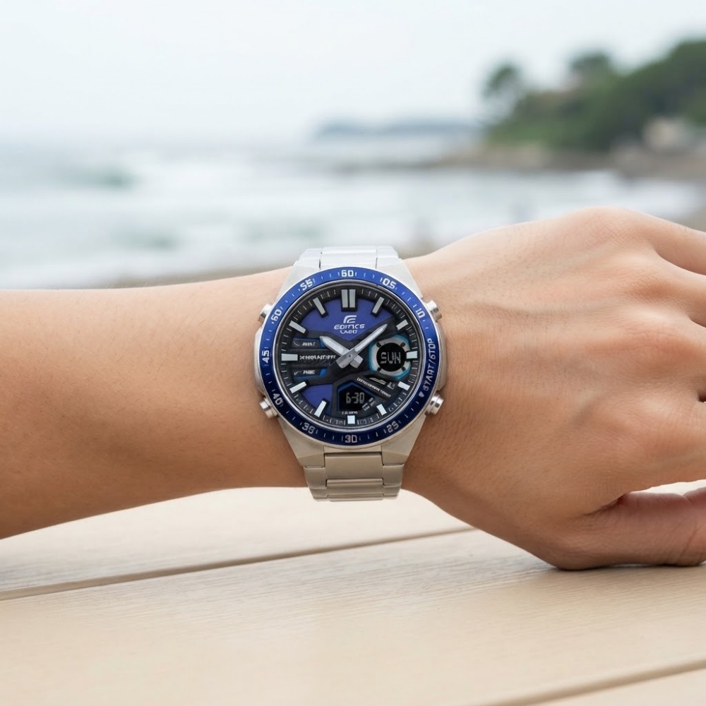 カシオ エディフィス 腕時計 メンズ ブルー シルバー アナデジ CASIO EDIFICE 海外モデル 10年電池 100m防水 ワールドタイム ストップウォッチ タイマー メタル スポーツ プレゼント ギフト 成人 卒業 入学
