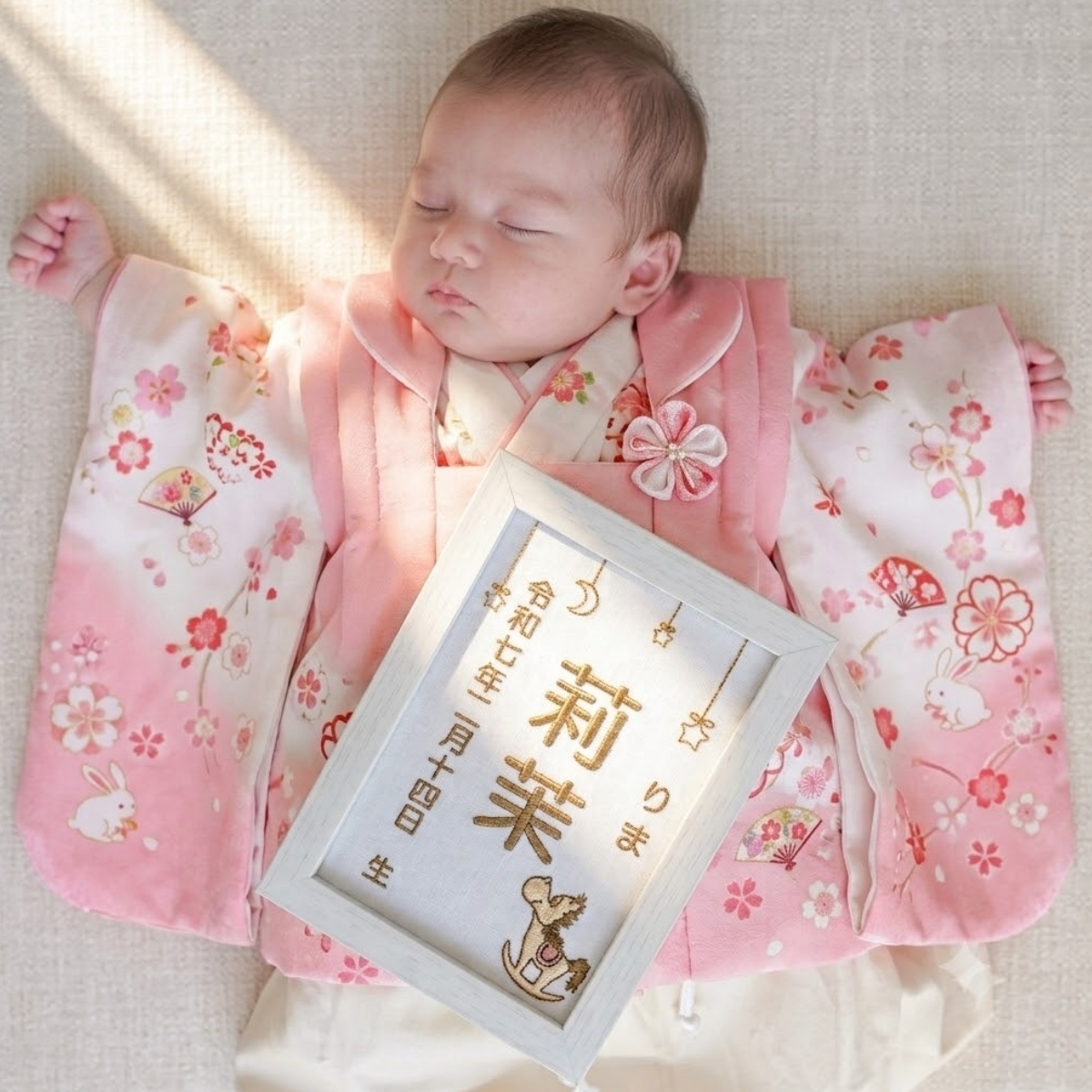 【木馬刺繍命名書】刺繍 命名書 フレーム付き 額付き シンプル 赤ちゃん 命名紙 台紙  名入れ ギフト 1歳 誕生日 記念品 出産祝い ２Ｌサイズ  ギフト プレゼント おしゃれ かわいい 額縁