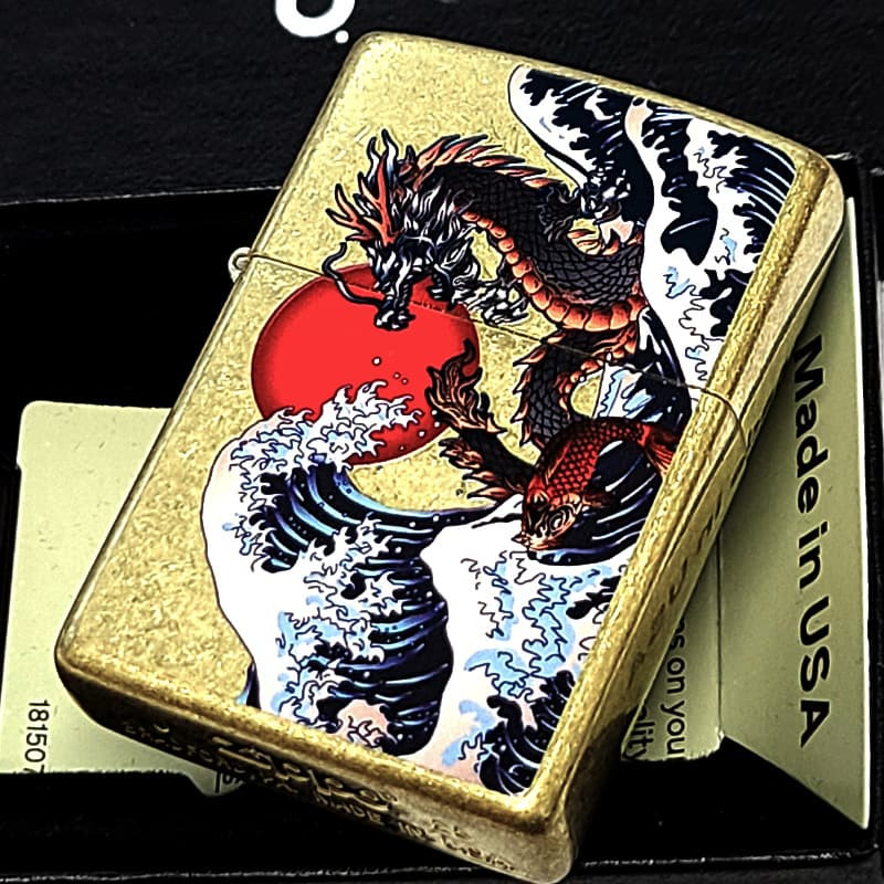 ZIPPO ライター 波龍 和柄 ジッポ ブラスバレル 和風 竜 ドラゴン アンティークゴールド かっこいい お守り 渋い 金 メンズ おしゃれ ギフト プレゼント