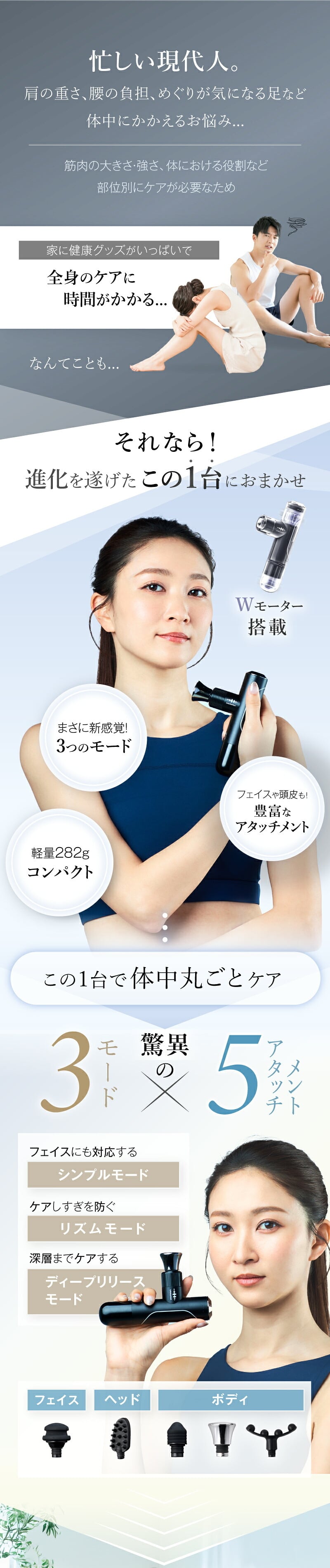 振動ケア WAVEWAVE Fascial Release Gun Mirai ハンディガン 5種アタッチメント 3モード 4段階 最大3100回/分 フェイス 頭皮 ボディ 首 肩 背中 太もも 足裏 コンパクト 軽量 282g USB充電 コードレス 女性 男性 母 父 誕生日 母の日 父の日 プレゼント ギフト