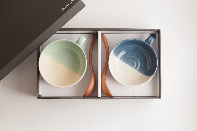 rokurome スープカップ・取皿・れんげスプーンペアセット / true colors line / ギフトボックス＆熨斗付き / 瀬戸焼 食器・プレート【送料無料（北海道・沖縄を除く）】