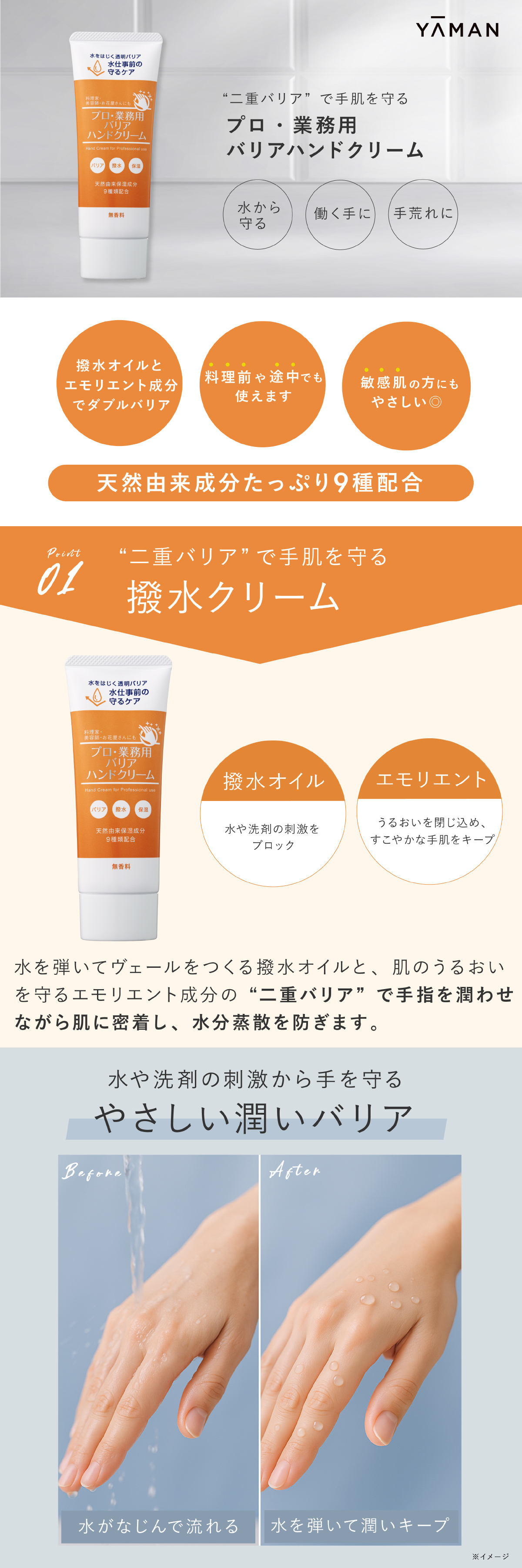 ハンドクリーム ヤーマン プロ・業務用 バリアハンドクリーム 50g 撥水 水を弾く 高保湿 無香料 二重バリア処方 ベタつきにくい さらさら しっとり 保湿 乾燥対策 水仕事 家事 料理 調理 ハンドケア ヒアルロン酸 スクワラン コラーゲン 女性 母 妻 誕生日 母の日 プレゼント ギフト