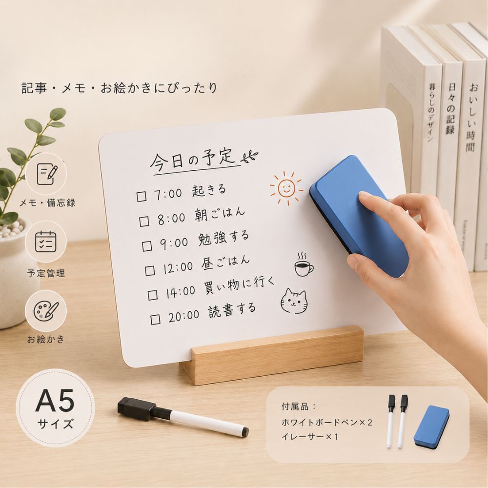 A5 ホワイトボード 卓上 両面 木製スタンド付き メモボード 伝言板 ToDoリスト 予定表 学習 オフィス 家庭用 マーカー2本 イレーサー付き