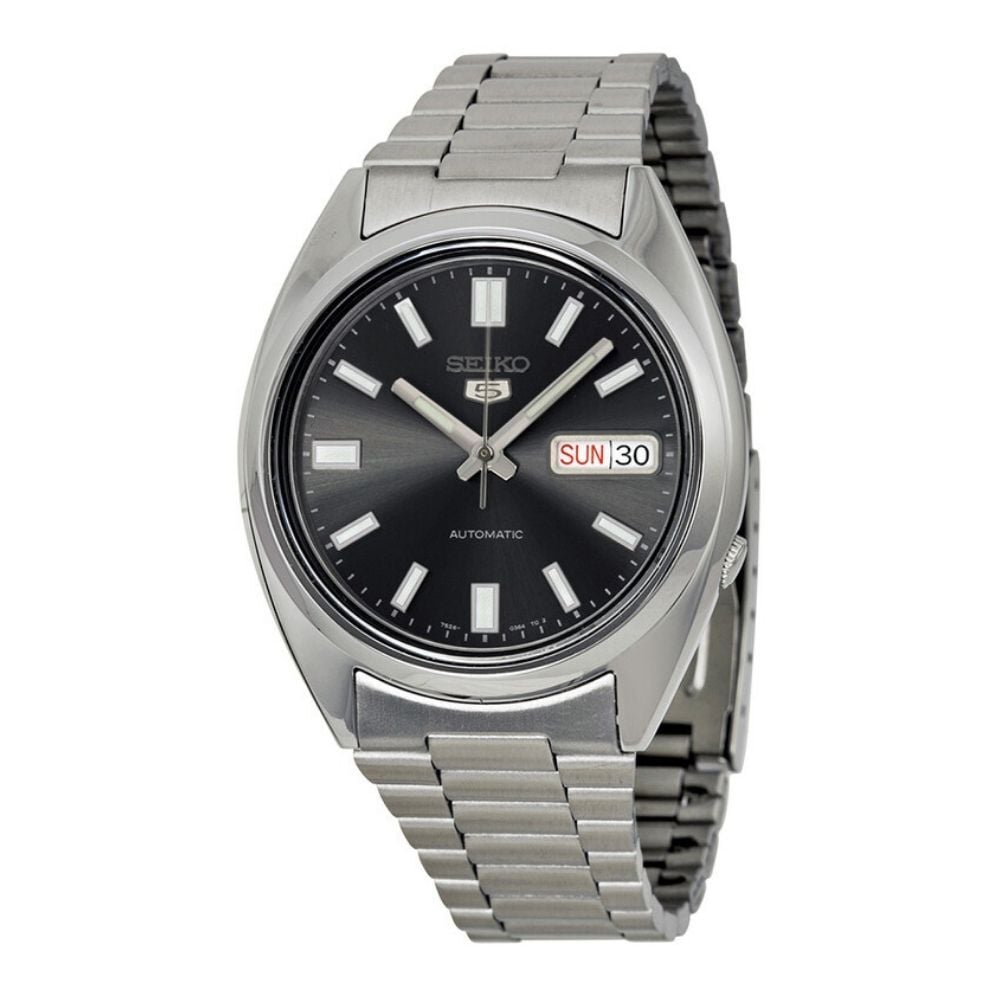 セイコー5 腕時計 メンズ 自動巻き ブラック シルバー SEIKO 5 海外モデル 逆輸入 メタルベルト 曜日 日付 シースルーバック 機械式 誕生日 プレゼント ギフト 収納ケース付き 成人 卒業 入学