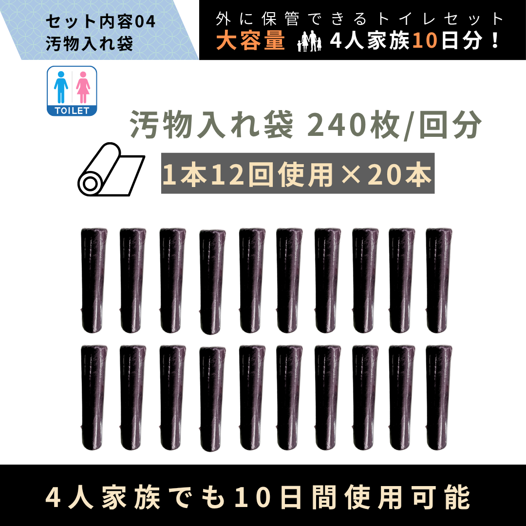 【屋外保管が可能です！】DAM8 + iZA 簡易トイレセット 凝固剤 防臭袋 汚物袋 トイレットペーパー セット 屋外保存可能 4人家族 10日分 200回分