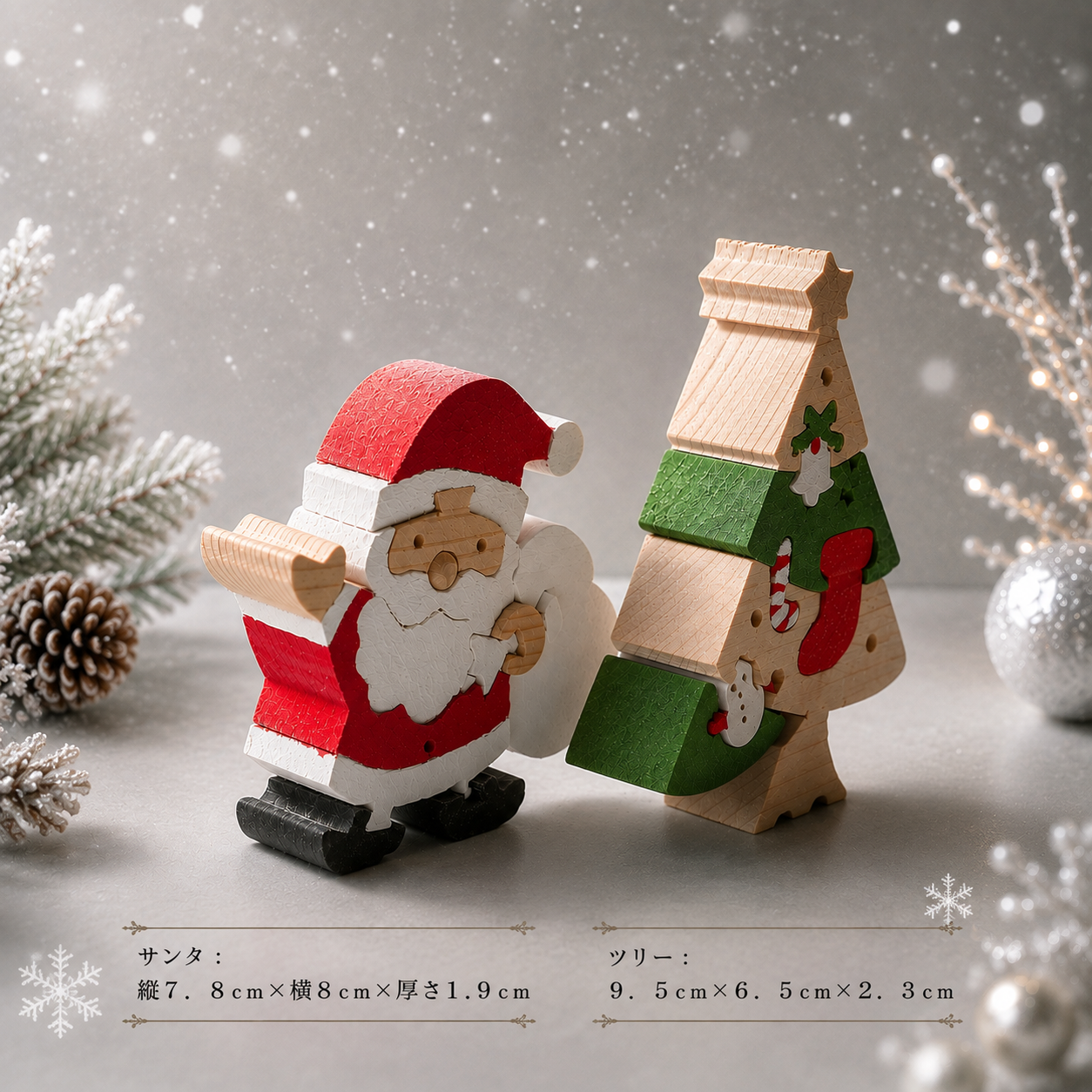 クリスマスツリーとサンタクロースの組み木セット｜木製クリスマス飾り｜冬のインテリア・置き物｜ハンドメイド