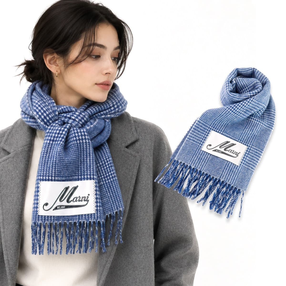 マルニ MARNI マフラー メンズ レディース SCMC0141Y0 UAW056 CHB50 IRIS BLUE ブルー ウール ストール チェック プリンスオブウェールズ フリンジ ロゴ 防寒 ユニセックス