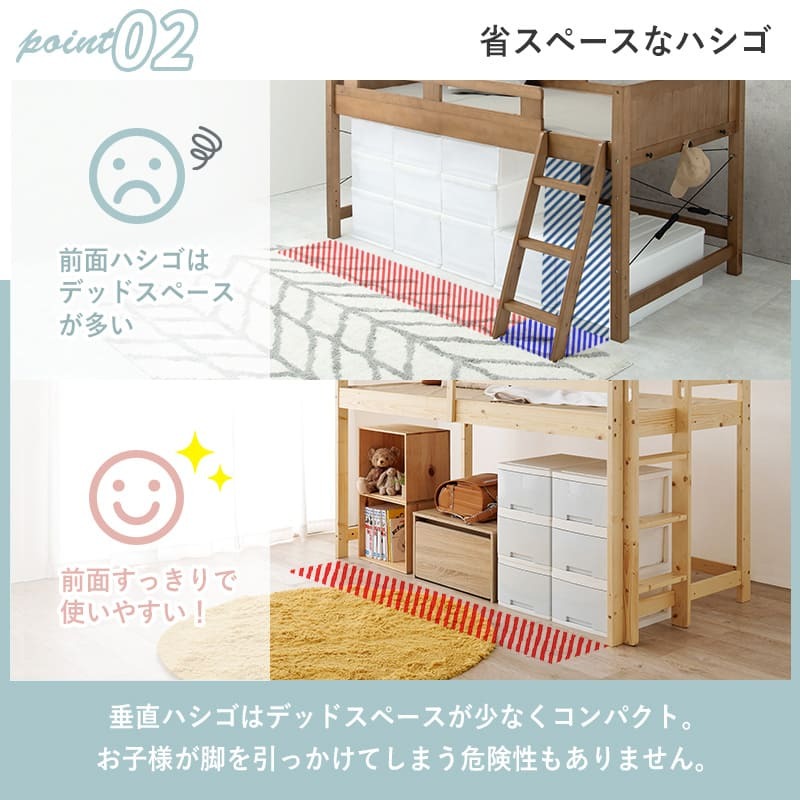 高さ低め ロータイプ ロフト 高さ120cm フレーム 低ホルムアルデヒド ハイ 木製 子供部屋 床下収納 有効活用 北欧産パイン材 シングル すのこ 省スペース梯子