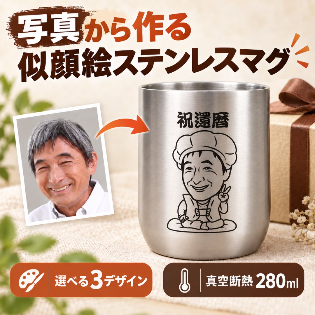 似顔絵 ステンレスマグカップ 名入れ 写真から作る オーダーメイド 選べる3デザイン 真空断熱 280ml 保温 保冷 ゴルフ 還暦祝い 誕生日 退職祝い 父の日 男性 女性 上司 ギフト プレゼント