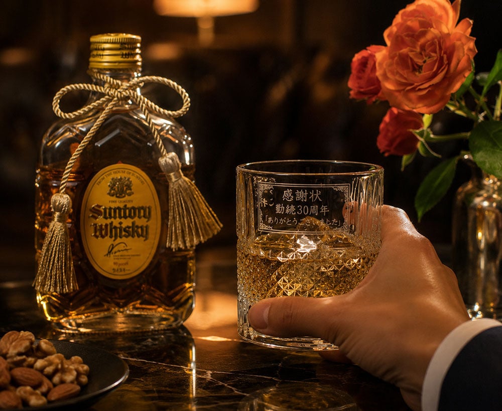 敬老の日 名入れ ギフト SXX 酒セット ウイスキー サントリーウイスキー角瓶 180ml & ダイヤプリズムロックグラス タッセル紐付 ギフトBOX入り / プレゼント ギフト 退職 記念 誕生日 還暦 古希 喜寿 傘寿 米寿 緑寿 早寿 長寿 祝い