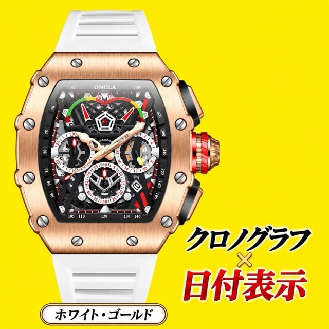 腕時計 メンズ クロノグラフ オマージュウォッチ クォーツ トノー型 スケルトン シリコンベルト 日付 ONOLA ON6827