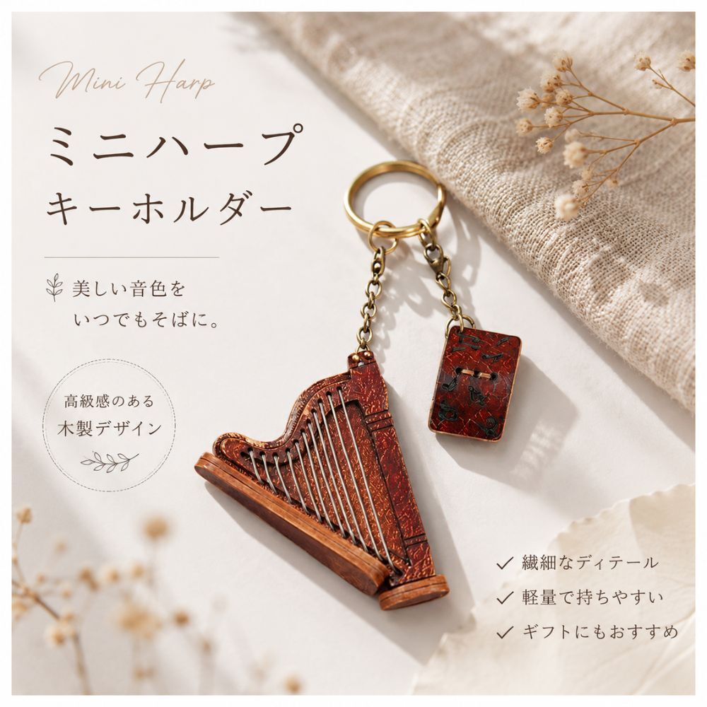 ハープ キーホルダー 本革 ミニハープ 楽譜チャーム付き レザー バッグチャーム 楽器 モチーフ おしゃれ かわいい アンティーク風 音楽 雑貨 プレゼント ギフト