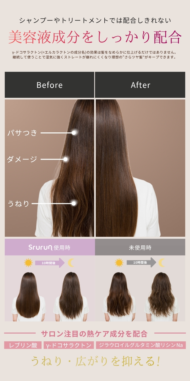 雑誌掲載 Srurun【たった10秒でさらツヤ髪に！ 髪の美容液 】熱ケア ヘアミルク 保湿 髪質改善 洗い流さないトリートメント ヘアケア ダメージケア トリートメント 美容室 人気 ヘアオイル 艶髪  広がり うねり サラつや ブリーチ 無香料 115ml
