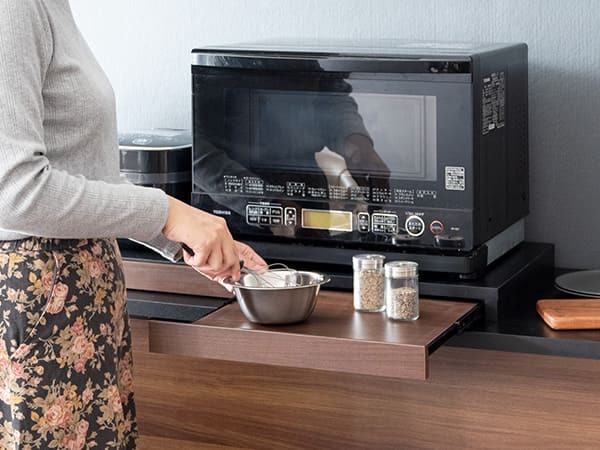 レンジ台 キッチン収納 レンジ下トレー レンジラック 二連トレー スライドテーブル トースター台 炊飯器台 作業スペース アベニール 収納家具 引き出し オーブントースター台 ブラウン 木目調 シック 便利な台 家具 ：