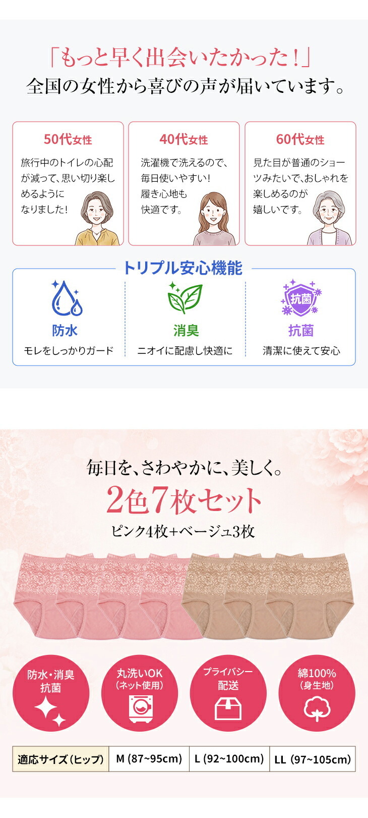 さわやか安心花柄レース深ばき安心ショーツ 2色7枚組 レギュラー用 M～LL