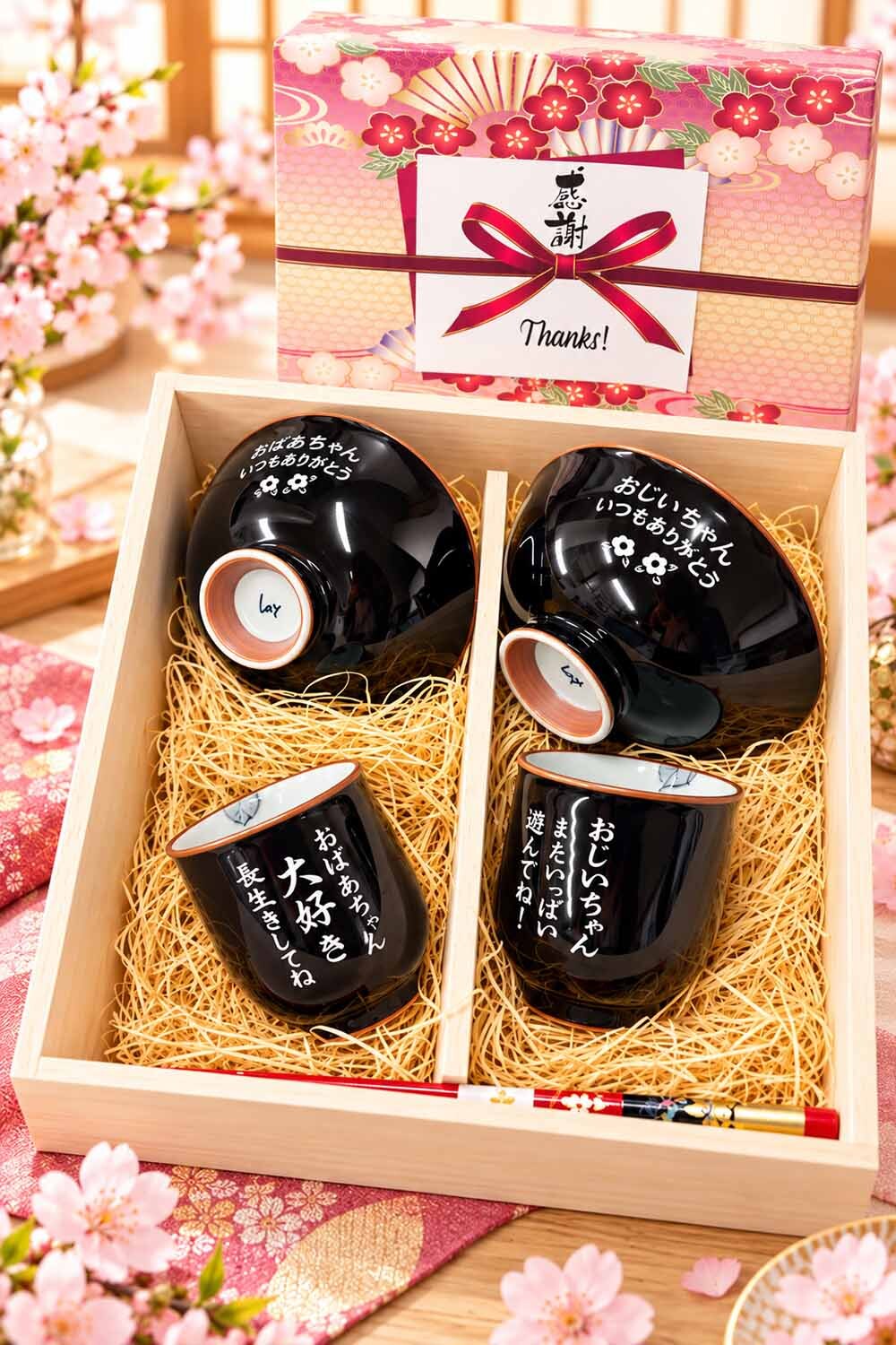 敬老の日 退職 名入れ ペアギフト SXX 波佐見焼 食器セット 内椿 赤 緑 夫婦湯呑 と 夫婦茶碗 と おまかせ箸 6点 木箱入り / プレゼント ギフト 両親 夫婦 結婚 金婚式 銀婚式 退職 記念 誕生日 長寿 祝い