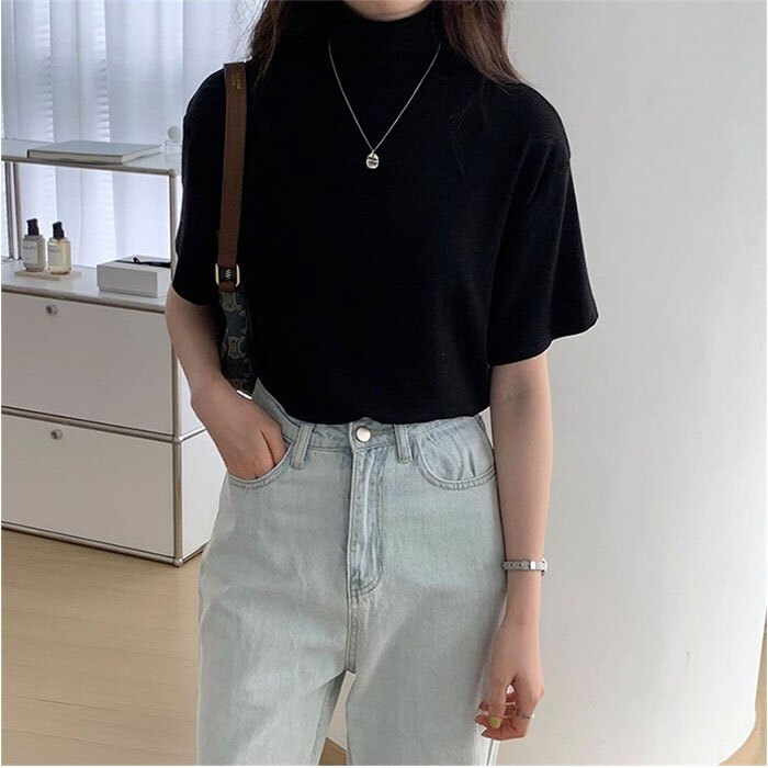 モックネックTシャツ 通販 半袖カットソー ドロップショルダー タートルネック ストレッチ素材 カジュアル 伸縮性 ゆるTシャツ 無地 シンプル 首元カバー 日よけ対策 プルオーバー 春夏秋 無地Tシャツ おしゃれ オシャレ