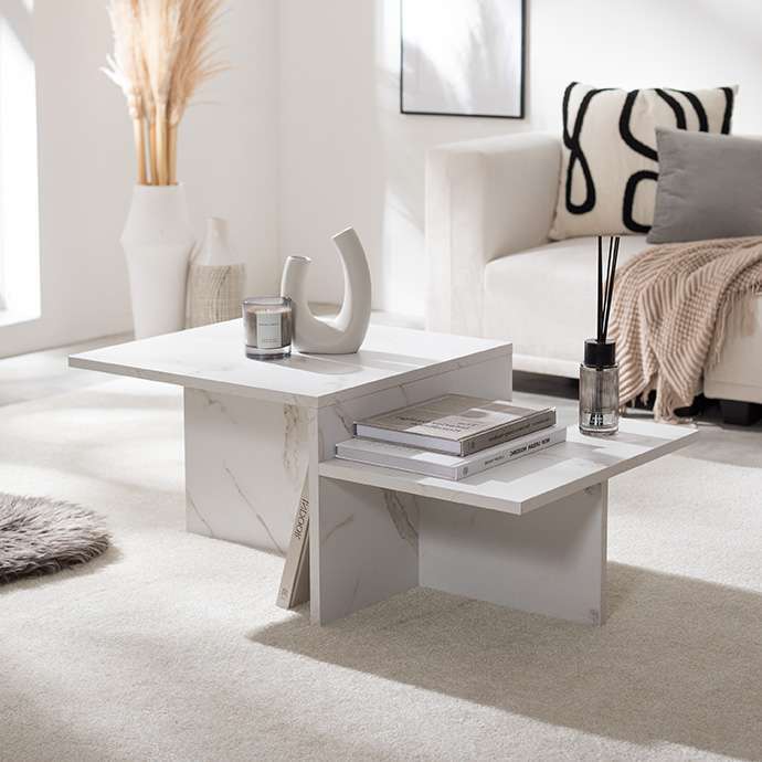 センターテーブル 幅87cm×奥行52cm×高さ36.4?26.4cm MDF メラミン 組立品 置くだけでお部屋をセンスアップします 自分好みにアレンジしやすいのも魅力的です グレージュ ストーン マーブルホワイト ストーングレー