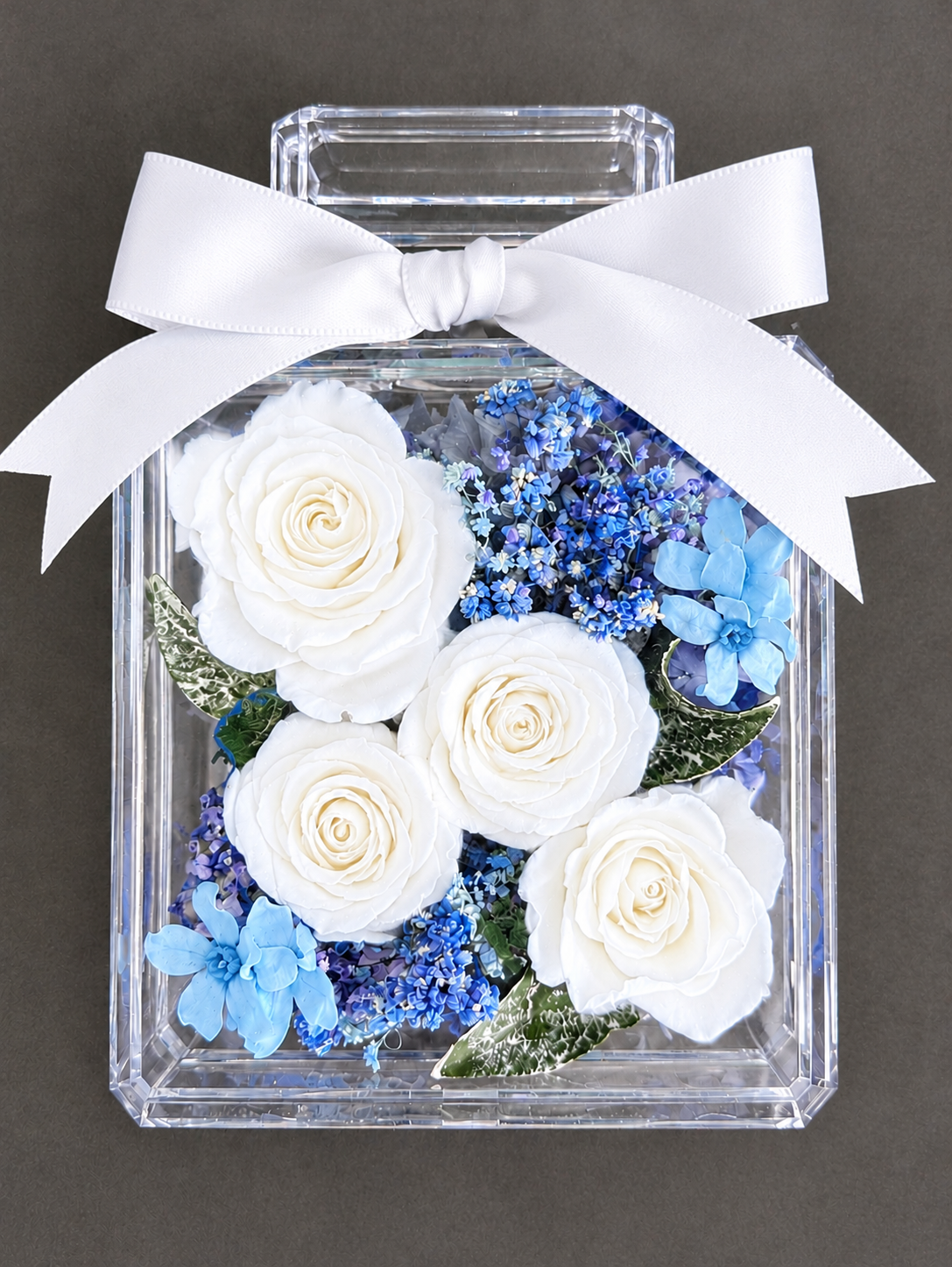 プリザーブドフラワー／青い薔薇と小花の香水瓶ギフト(ピンクと白い薔薇のカラーバリエーションあり)