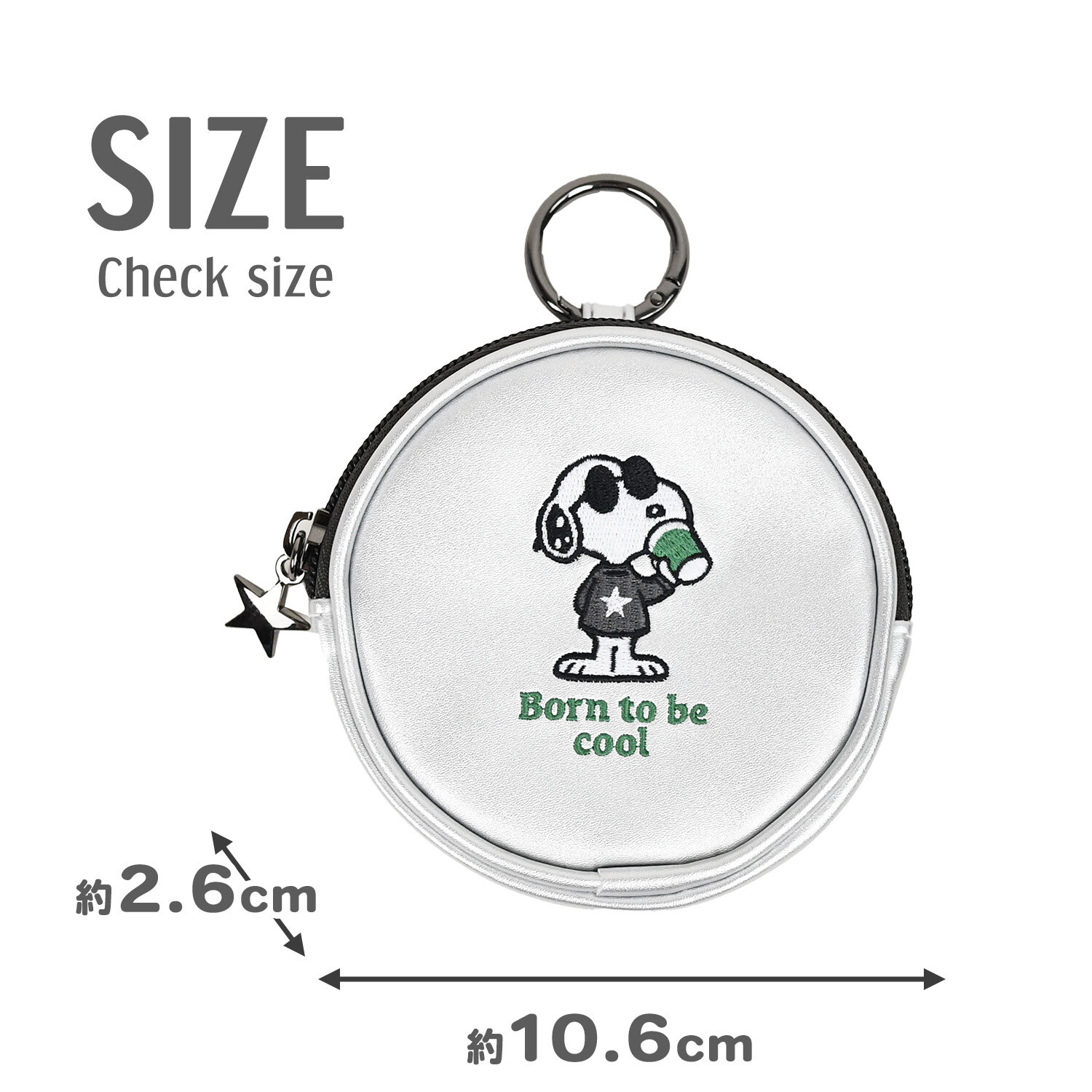 ミニポーチ Snoopy スヌーピー サークルミニポーチ カラビナ付き おしゃれ かわいい シルバー 小物入れ ミニポーチ カラビナ カラビナ付き メタリック 丸 イラスト スヌーピーグッズ スヌーピーイラスト バッグチャーム プレゼント ギフト 贈り物 小さめ ミニ