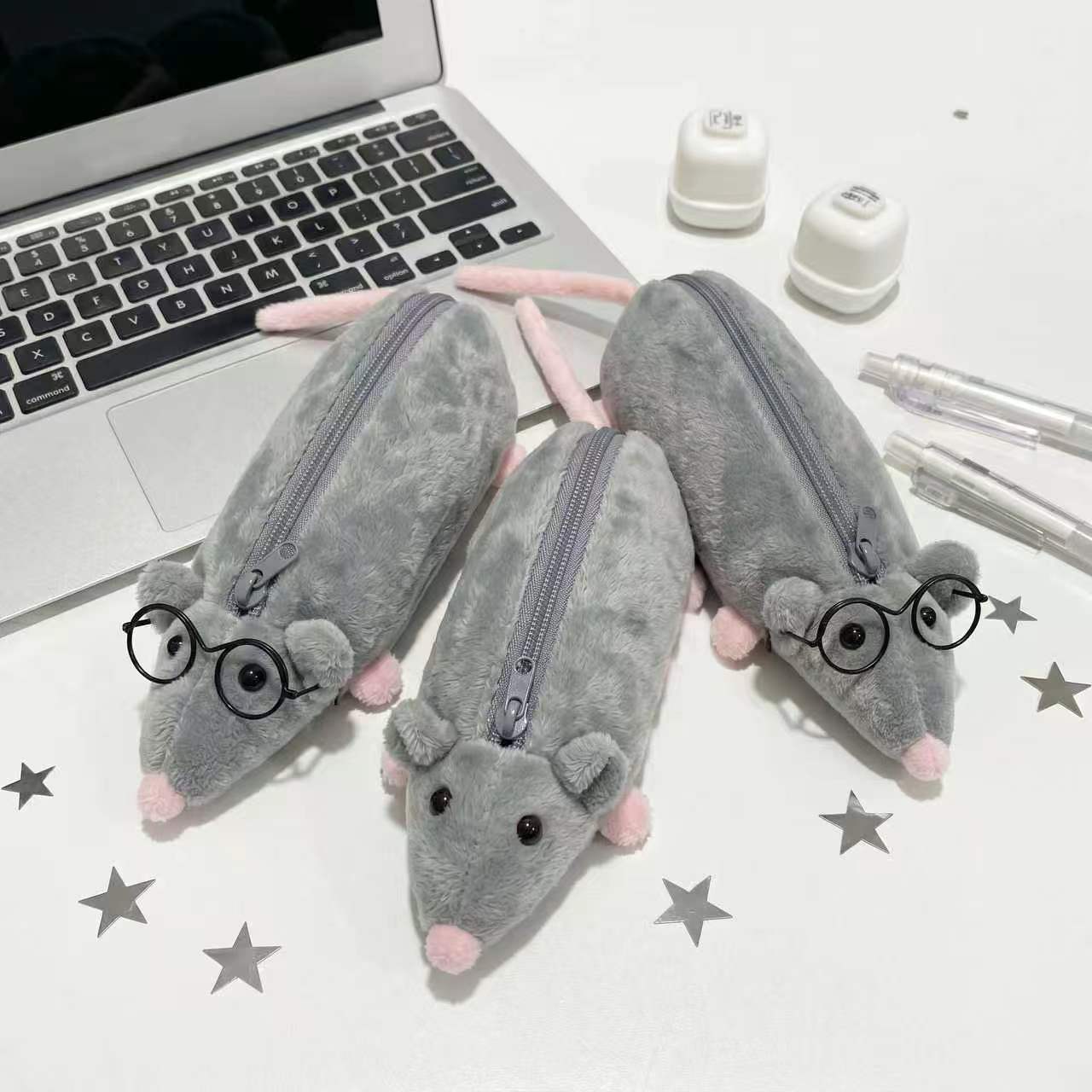 ネズミ ペンケース ぬいぐるみ ふわふわ アニマル 筆箱 メガネ付き かわいい 文房具 小物入れ ペンポーチ 学生 男の子 女の子 持ち運び プレゼント ギフト