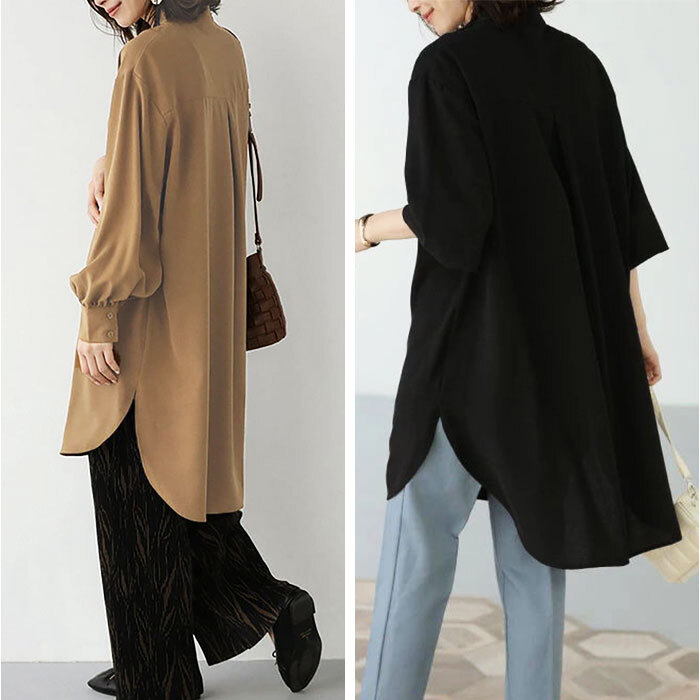 ロングシャツ レディース 長袖 通販 トップス シャツ チュニック かわいい おしゃれ ゆったり 上品 体型カバー 前開き ロング丈 オフィスカジュアル きれいめ シンプル カジュアル 無地 ビジネス 春秋 レディースファッション