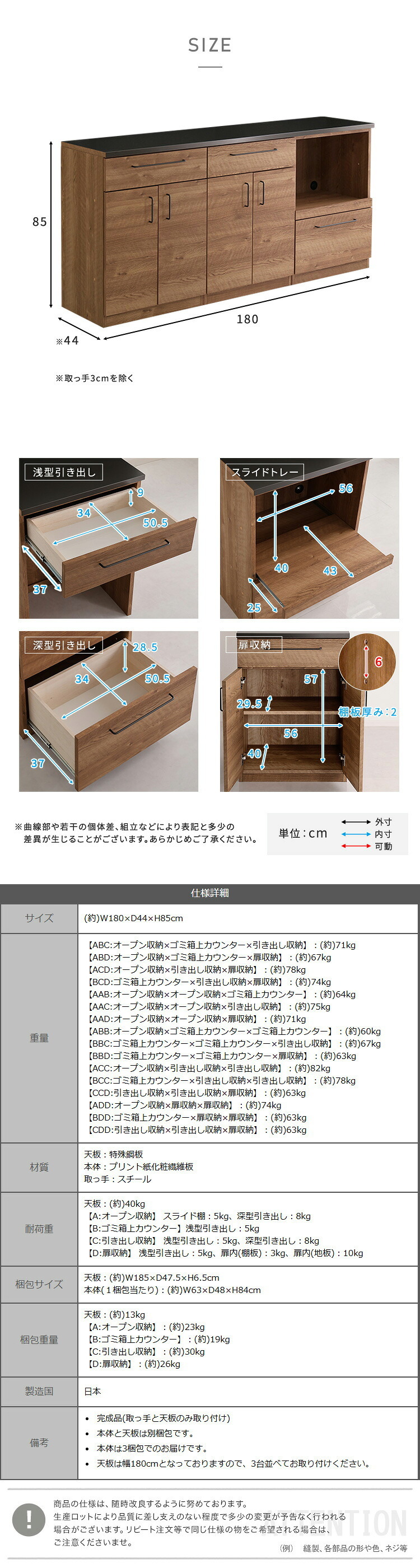 キッチンカウンター キッチン収納 日本製 特殊鋼板を使った組み合わせ 180cm オープン収納+扉収納+扉収納：