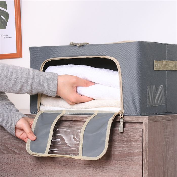 収納ボックス フタ付き 布 前開き 通販 窓付＆積み重ね収納ボックス 22L 衣類収納ボックス 収納ケース 窓付き収納ボックス 折りたたみ ファスナー ふた付き 蓋つき 収納 ボックス 奥行29cm 高さ20cm 収納用品 押入れ収納 収納家具 インテリア