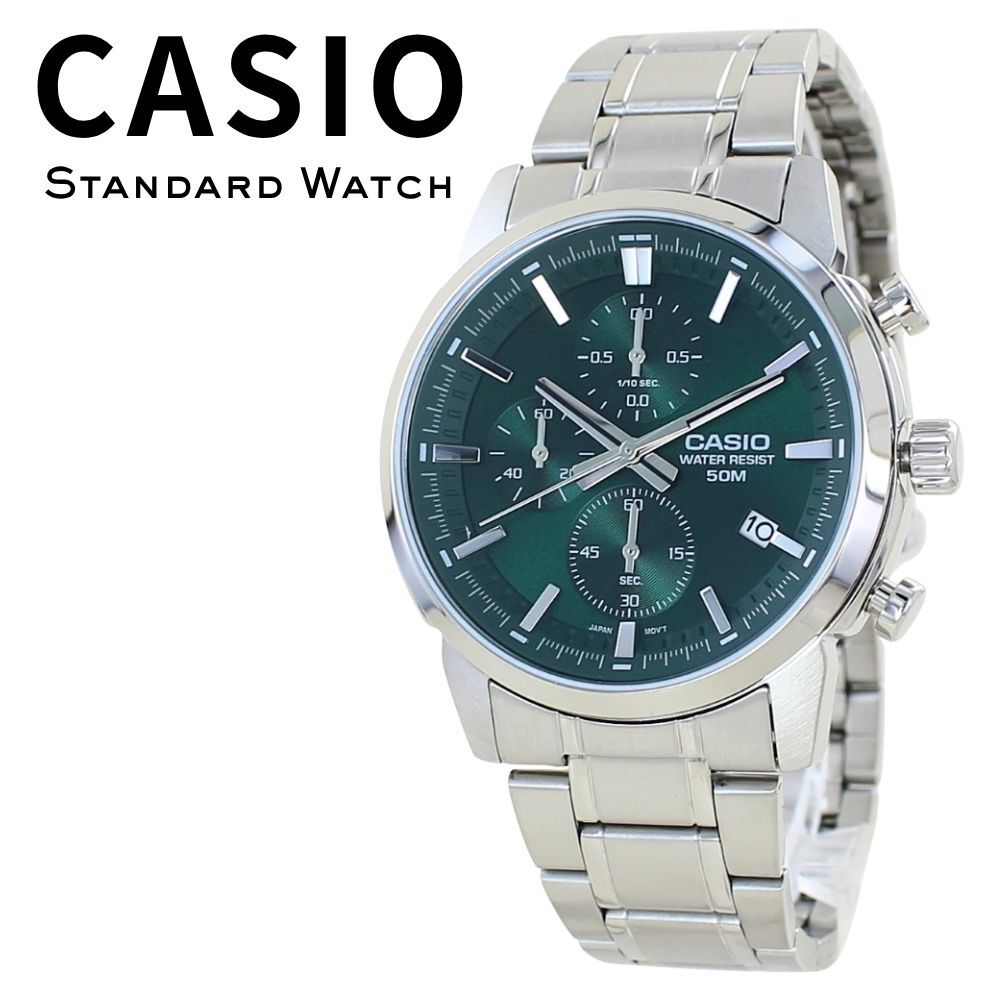 箱なし カシオ 腕時計 メンズ CASIO グリーン シルバー クロノグラフ カレンダー メタル 42mm 海外モデル 逆輸入 仕事 ビジネス カジュアル 誕生日 プレゼント ギフト 成人 卒業 入学