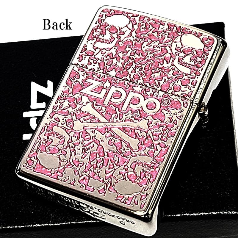 ZIPPO ライター スカル 細密メタル 両面加工 シルバー＆ピンク ジッポ ロゴ ドクロ 裏面柄違い 彫刻 ガイコツ おしゃれ かっこいい メンズ プレゼント ギフト