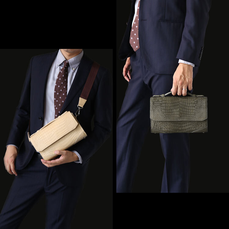 スモールクロコダイル ヌメ革 メンズ セカンドバッグ 2way ショルダーバッグ GranCroco センター取り 一枚革 かぶせ開閉 立ち上がりハンドル A5収納 ミニポケット 希少 本革 高級 レザー 鞄 保証書付 プレゼント ギフト 4FA (06002004-mens-1r)